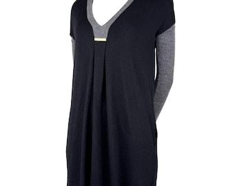 Vintage Gucci Knit Black Wool Gray Sleeves Mini Dress with Gold Logo Size XS