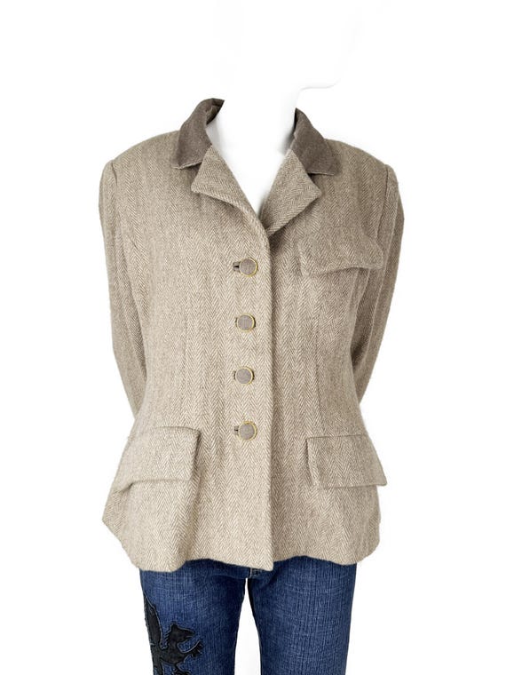 Nina Ricci, Vintage Nina Ricci Herringbone Tweed Jacket, Made in France, 80s Wool Blazer (EU 42)