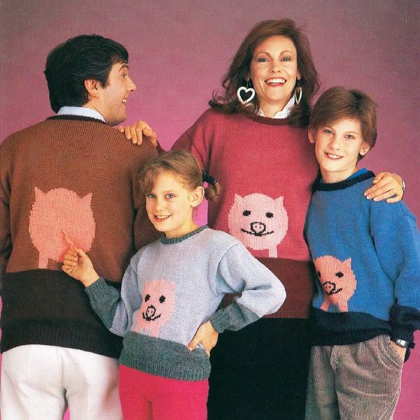 PDF Knitting Pattern Vintage Sweater Family Look Piggy DK Retro Jumper Motif intarsia Women Man Boys Girls Pig