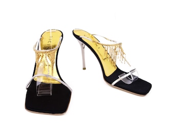 Vicini Design by Giuseppe Zanotti Heel Strappy Embellished Crystal Chain Gold Sandals Size 38