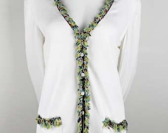 ESCADA White Fringe Cardigan Knit Beaded Sweater Woman Top Size 44 L Vintage
