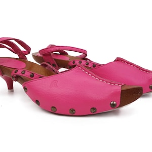 Replay Sandali in legno rosa con tacco a gattino, sabot in pelle, taglia 40, zoccoli con cinturino posteriore, anni 2000