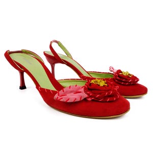 Baldinini Red Suede Floral Embroidered Heel Slingbacks Size 38,5 US 8 Made in Italy