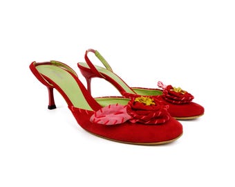 Baldinini Rot Wildleder Floral bestickt Ferse Slingbacks Größe 38,5 US 8 Made in Italy