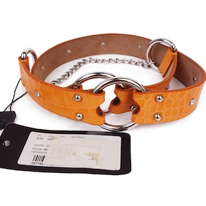 Dolce & Gabbana Leather Orange Belt Studded Rhinestone Size 90 36 Silver Chain