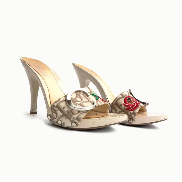 Christian Dior Floral Embroidered Beige Trotter Monogram Print Heels Vintage Galliano  Plastic Oblique CD Sandal Pump 36.5