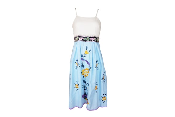 Anna Sui, Anna Sui Blue Floral Embroidered Silk Dress Vintage 90s Linen Sequins