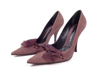 Casadei Suede Purple Pumps High Heels with Bow Stiletto Pointed Toe Size 8.5