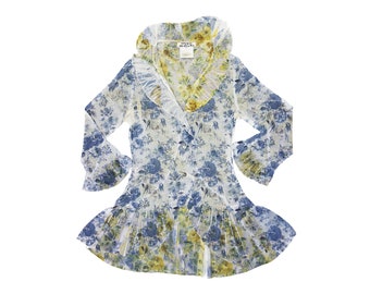 Yoshiki Hishinuma Vintage Shibori Pleats Floral Print Blouse Dress Tunic Japanese Shirt Button-up, Crinkle Shibori Top