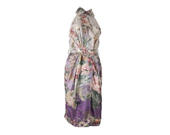 Jean Paul Gaultier Floral Bug Print Silk Wrap Belted Sleeveless Dress Size S Vintage
