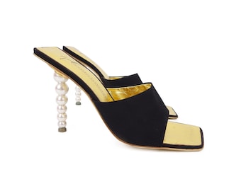 Giuseppe Zanotti Pearl Mules: Black Satin Heels, Size 37, Vicini Vintage
