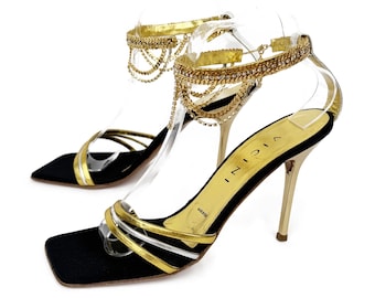 Vicini design by Giuseppe Zanotti Chain Rhinestone Heel Sandals Gold Size 38