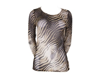 Roberto Cavalli mesh top met zebraprint longsleeve vintage jaren 90 maat 42 tijgerpatroon
