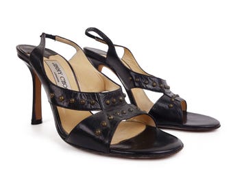 JIMMY CHOO Schwarzes Leder Nietenabsatz Sandalen Größe 39 US 8