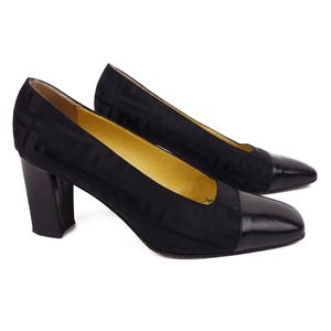 Fendi Zucca Canvas Black Leather Pumps Cap Toe Block Heel Size 40 US 9