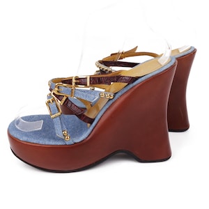 Vicini Design by Giuseppe Zanotti Strappy Denim Leather Platform Wedge Mules Size 38