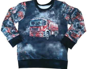 Kinder Pullover Feuerwehr | Feuerwehr Pulli für Jungen & Mädchen | Rot Schwarz | Handmade | Sommersweat | Größe 92–122 PK001