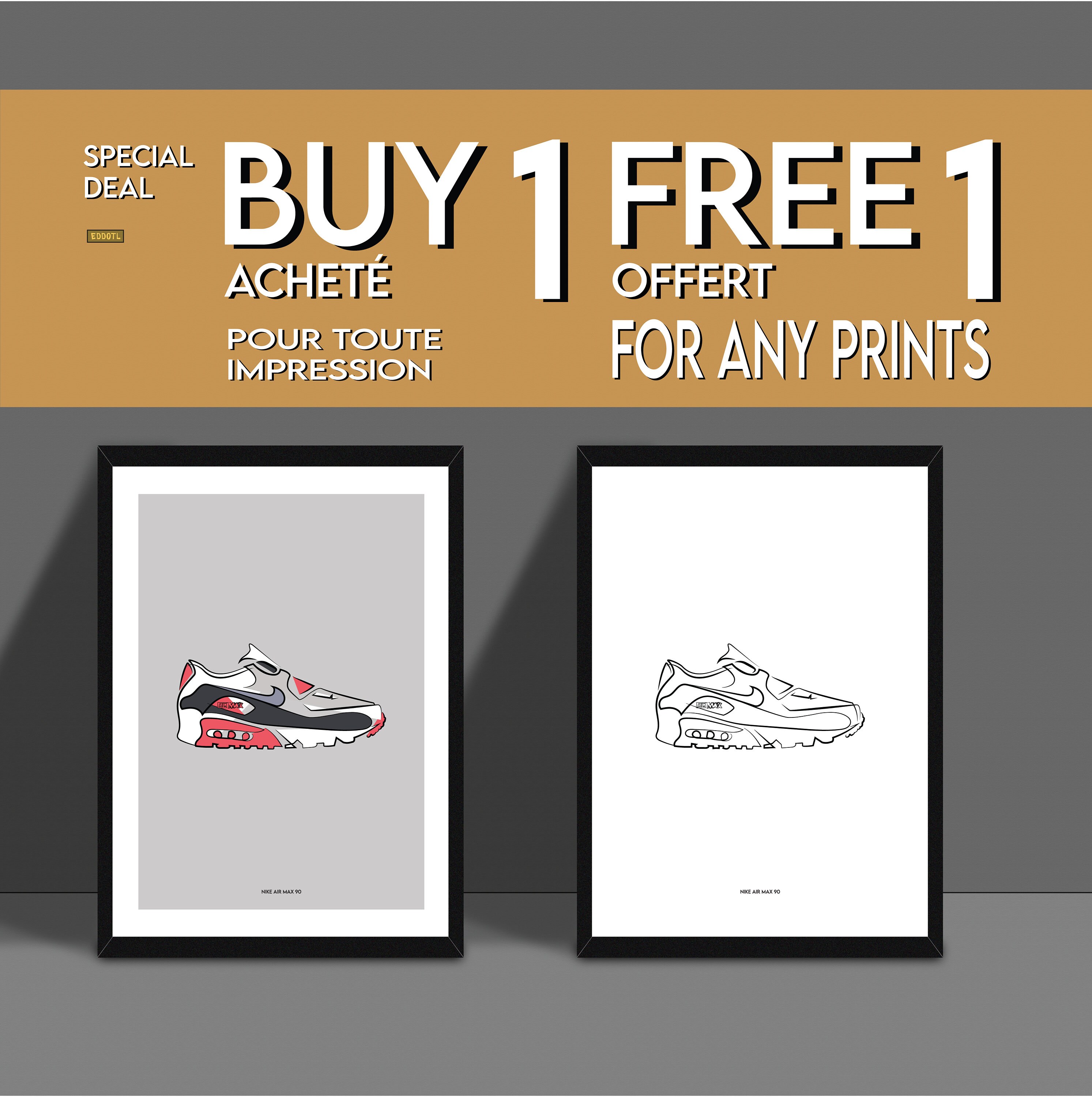 Minimal Air Max 90 Décoration Intérieure A3 A4 Affiche de Baskets Art Mural Cadeau Sneakerhead Décor