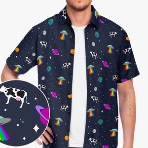 Space Cow Novelty Button Up Down Hawaiian Shirt - UFO Alien Goth Quirky Funky Weird Fancy Funny Pattern Unisex Men Women Statement Cute T