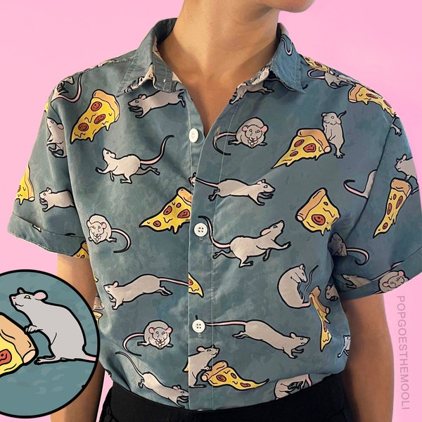 PIZZA RAT Novelty Button Down Up Shirt New York foodie funny cute Hawaiian aloha meme Statement top NY party hipster Men Women kawaii blouse