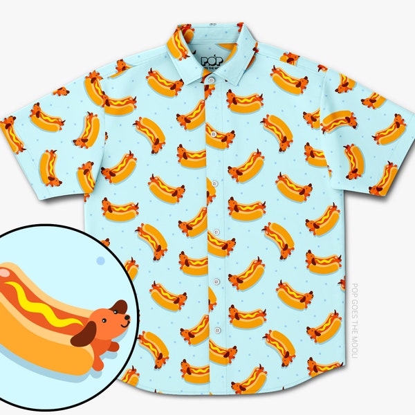 Hot Dog Button Down Up Shirt - Novelty Quirky dachshund Hawaiian Funny Cute sausage wiener Pool Party Summer Statement Unisex Men Women top