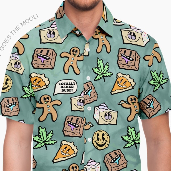 Baked Bakes Novelty Button Down Up 420 Shirt - Kawaii funny cute trippy weed Hawaiian 4 Summer Statement party festival Unisex Men Women top