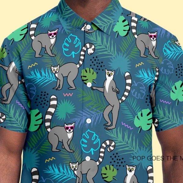 LEMUR PARTY Unisex Novelty Button Up Down Shirt - Hawaiian tropical animal palm tree rave quirky Funky Weird psychedelic festival Statement