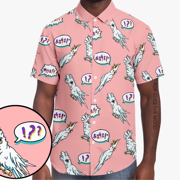 Angry Cockatoo Novelty Button Up Down Shirt - Hawaiian Aloha quirky Funky Weird Fancy Whimsical Funny Unisex Men Women Statement Bird Lover