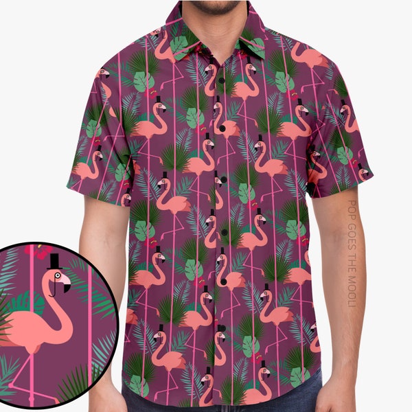 Posh Flamingoes Novelty Button Up Down Shirt - Hawaiian Aloha Bird Hipster Quirky Funky Fancy Whimsical Funny Unisex Men Man Women Statement