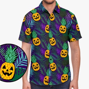 Pineapple Pumpkin Novelty Halloween Button Up Down Hawaiian Shirt - Hawaii Aloha quirky Funky Weird Fancy Funny Unisex Men Women Statement