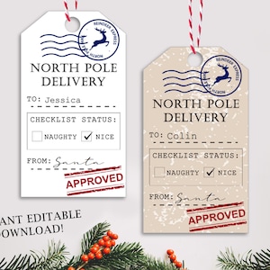 Nordpol Express Postversand Geschenkanhänger - Sofort herunterladbares druckbares editierbares PDF Spaß Weihnachtsgeschenk 4 Kinder vom Weihnachtsmann