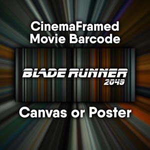 May include: A colorful, abstract barcode design with the title "CinemaFramed Movie Barcode" and the movie title "BLADE RUNNER 2049" in white text. The text "Canvas or Poster" appears below the barcode.