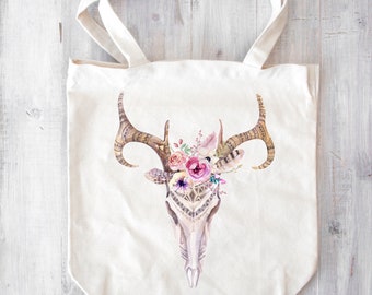 Canvas purse Antler,Bohemian Deer Head Skull,Pouches Gifts with Zip and Liner