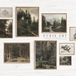 Vintage Gallery Wall Art SET of 9 Prints, Forest Landscape Painting, Cabin Decor PRINTABLE #S44
