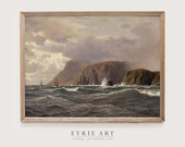 Moody Ocean Cliff Oil Painting, Vintage Coastal Wall Art, Antique Seascape Wall PRINTABLE 451