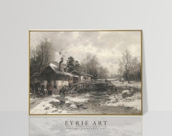 Pintura de granja de invierno, impresión de paisaje nevado, decoración de cabina vintage IMPRIMIBLE # 418