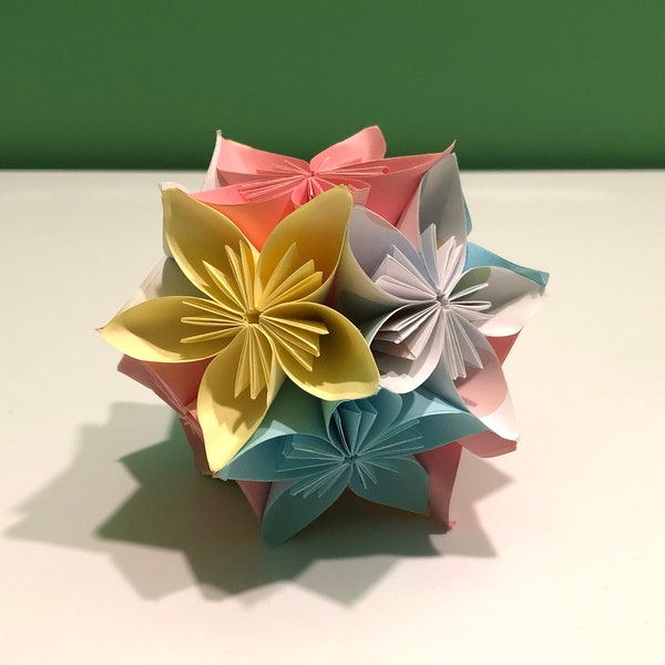 Flower Kusudama Ball Origami (Dodecahedron Centerpiece, Pink, Yellow, Green, Blue, Purple)