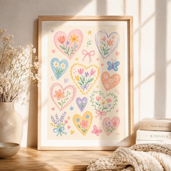 Colorful Nursery Wall Art : Vintage Watercolor Hearts Print