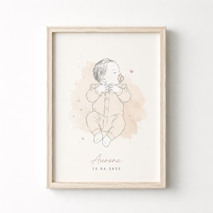 Könnte beinhalten: Ein gerahmter Kunstdruck mit einer Skizze eines Babys in einem Strampler und einer Schleife. Das Baby schläft mit einem Schnuller. Der Druck enthält den Namen "Aurora" und das Datum 15.04.2025.