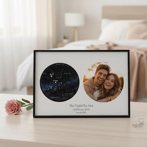 Könnte beinhalten: Ein gerahmter Druck mit einer Sternenkarte und einem Foto eines Paares. Die Sternenkarte ist ein dunkelblauer Kreis mit weißen Sternen und dem Wort "Jupiter". Das Foto ist ein kreisförmiges Bild eines lächelnden Paares. Der Text lautet "The Night We Met 14 February 2026 Rome, Italy".