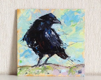 Western Cowboy Crow Mini Original Oil Painting 4x4 Bird in the desert optional hanging art Tabletop art Raven