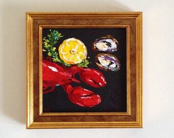 Oyster Original Art Seafood Painting Lobster Small Artwork Impasto Oil Painting Kitchen Wall Art Food Painting For Gift