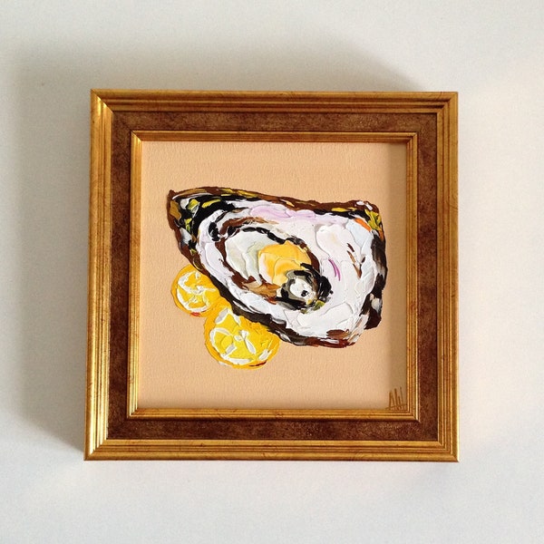 Oyster Painting Lemon Artwork Food Original Art Impasto Small Oil Painting For Gift Kitchen Wall Art