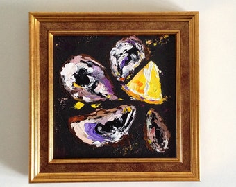 Lemon Painting Framed Oyster Artwork Food Original Art Impasto Small Oil Painting For Gift Kitchen Wall Art by ArtSpaceByAlla