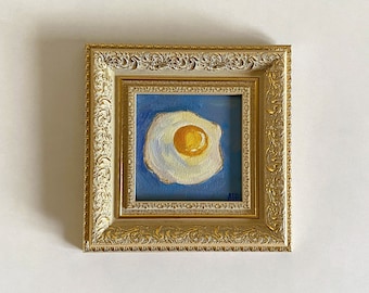 Fried Egg Painting Gold Frame Impasto Original Artwork Food Original Art Egg Small Wall Decor