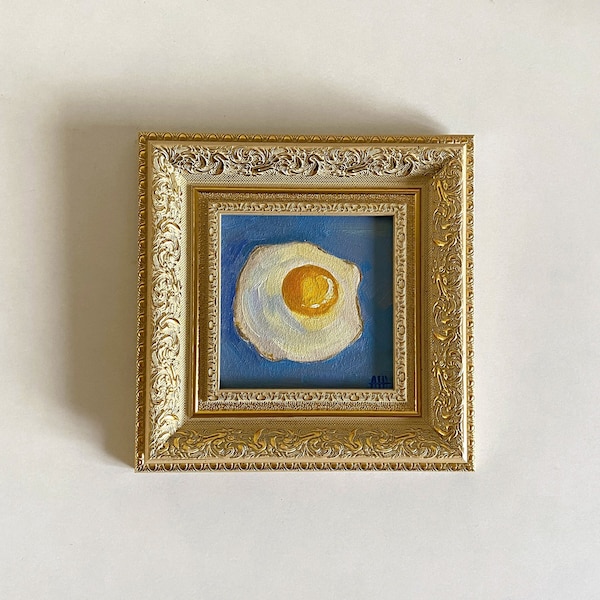 Spiegelei-Gemälde mit goldenem Rahmen, pastoses Originalkunstwerk, Essen, Originalkunst, kleines Wanddekor