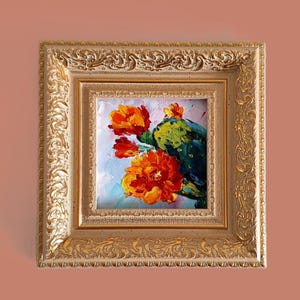 Flower Painting Floral Original Art Cactie Textured Oil Painting Opuntia Desert Cactus Saguaro Prickly Pear Cactus Artwork Gold Frame Art