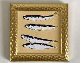 Fish Art Seafood Framed Painting Sardine Fish Painting Kitchen Art Textured Original Artwork Food Art For Gift