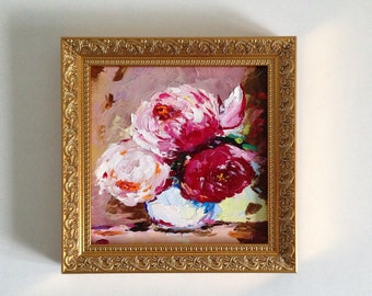 Peinture pivoine Ukraine Art fleur peinture florale minable poussin Art original pivoines empâtement encadré peinture à l'huile originale