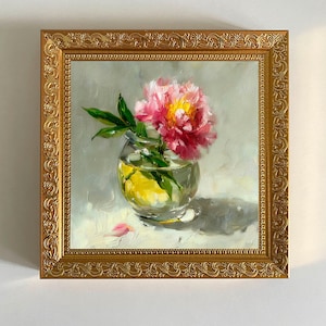 Peony Painting: Original Framed Small Floral Still Life Art Flower Original Artwork